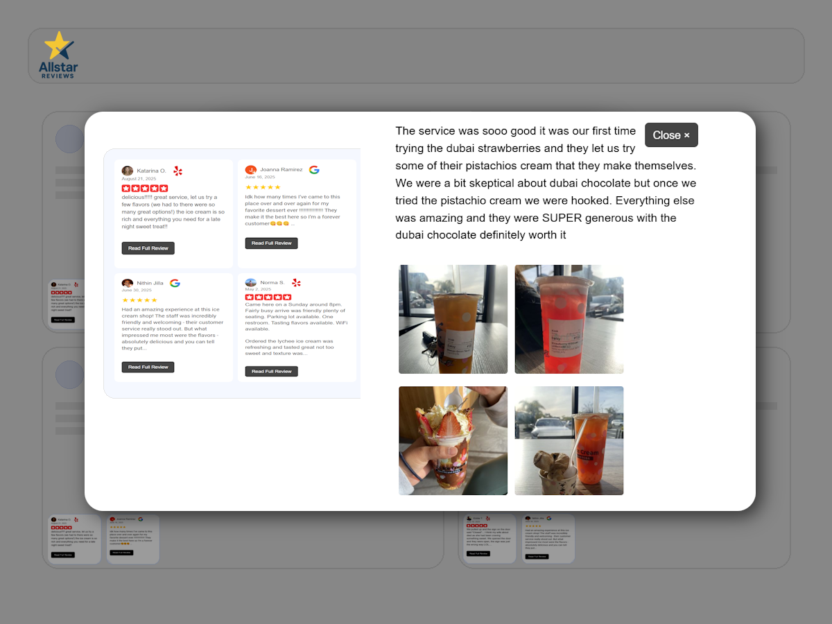 Allstar Reviews preview: review cards and photo modal